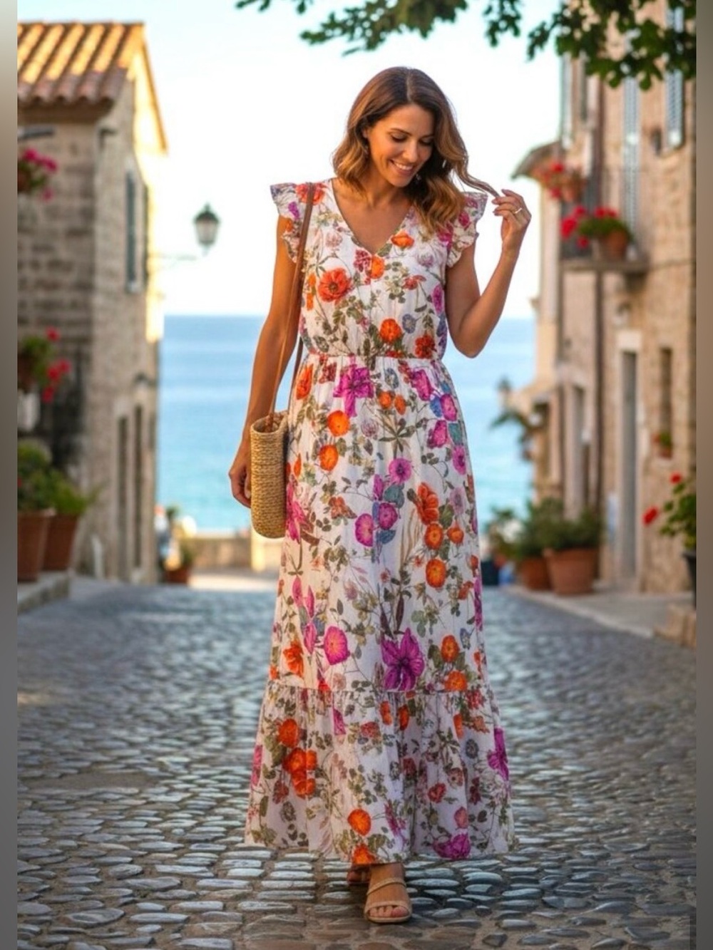 NWT Anne Klein Floral Maxi Dress 2 $139 Egret Multi Ruffle Sleeves Stretch Waist